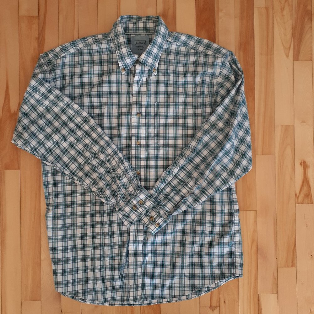 Large L.L. Bean plaid blue, white, mint shirt large collared button down